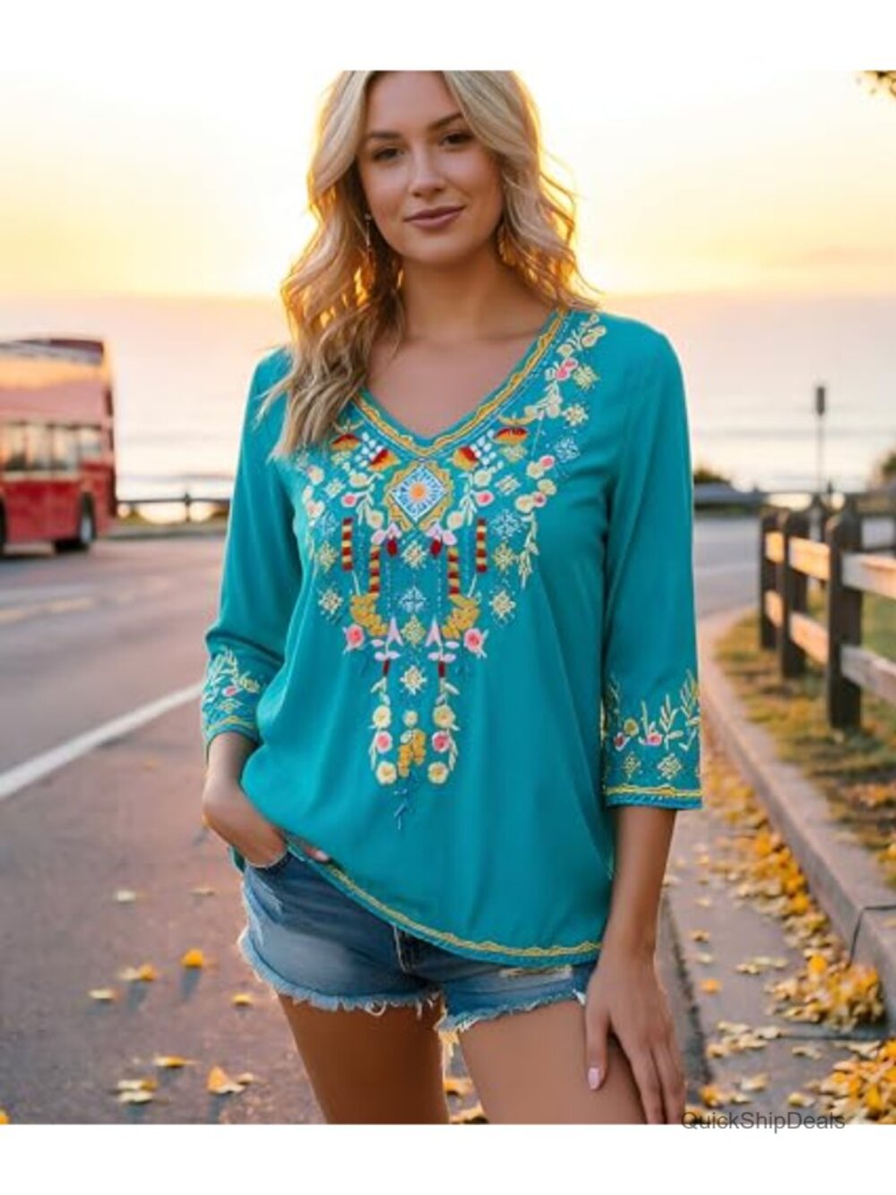 Mexican Embroidered Bohemian Tunic Top V-Neck 3/4 Sleeve Rayon Plus Size - Picture 5 of 6